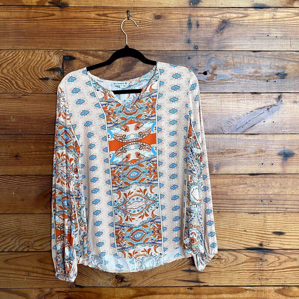 Light Blue & Orange Printed Peasant Blouse